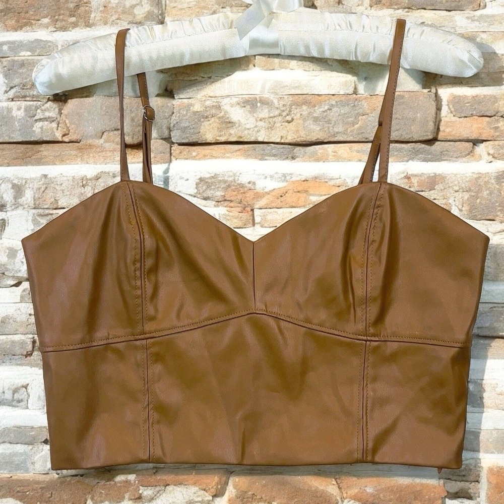 Sans Souci Brown Faux Leather Crop Top Size M Bustier Bralette Y2K Corset Style
